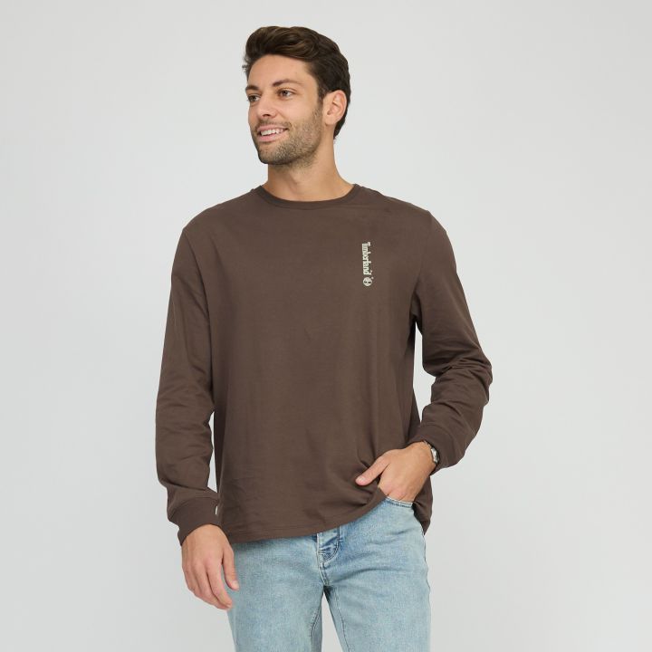 טי שירט שרוול ארוך Timberland עם הדפס אנכי קטן לגברים