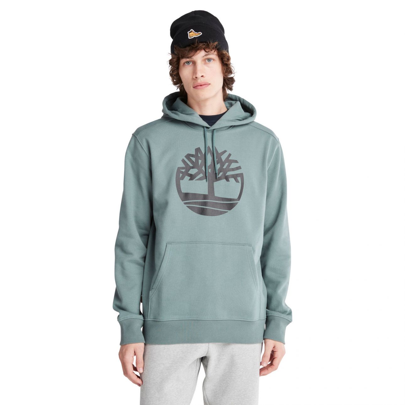 סווטשירט עם כובע קפוצ’ון והדפס לוגו עץ