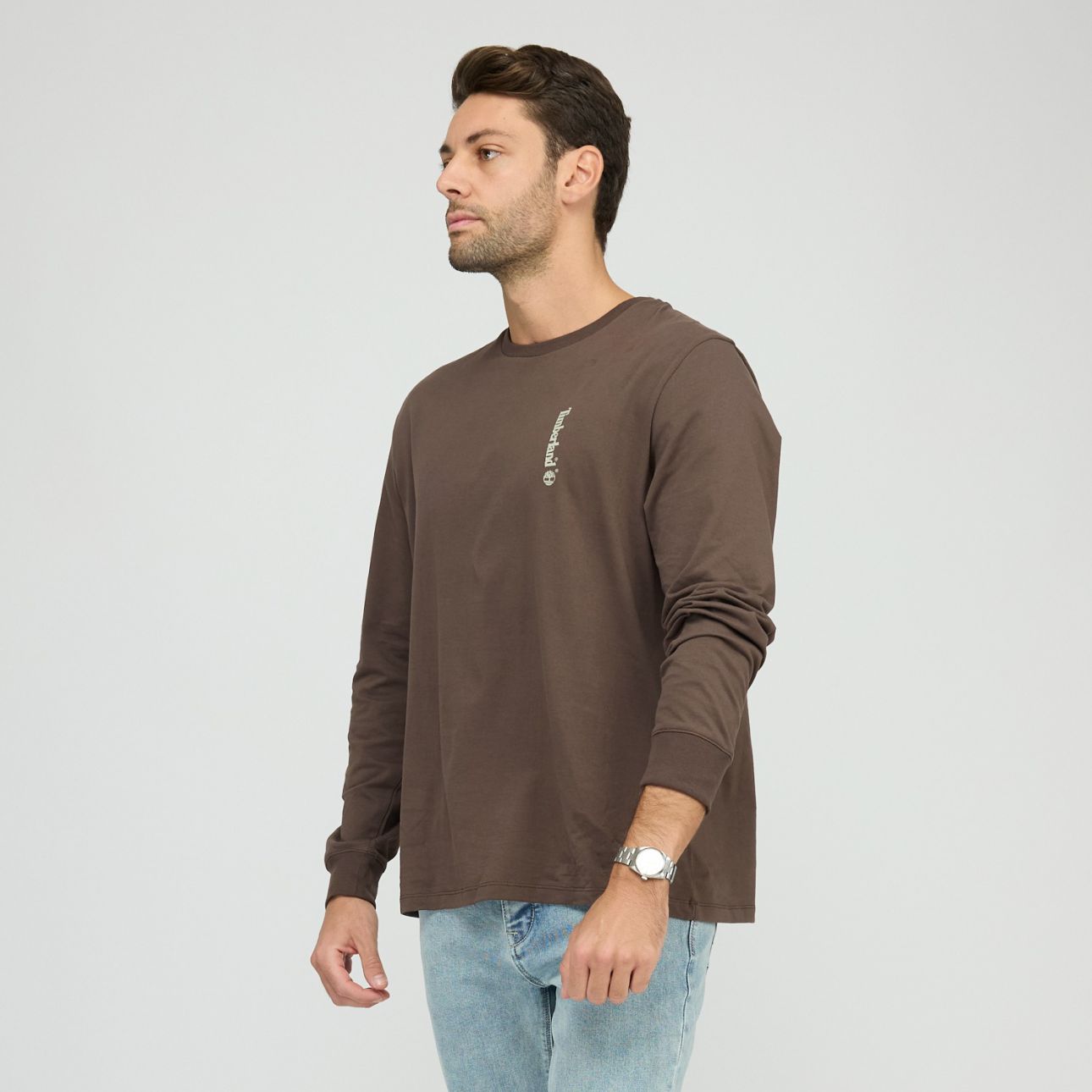 טי שירט שרוול ארוך Timberland עם הדפס אנכי קטן לגברים