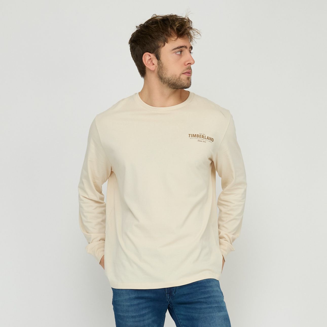טי שירט שרוול ארוך Timberland עם הדפס טקסט בגב